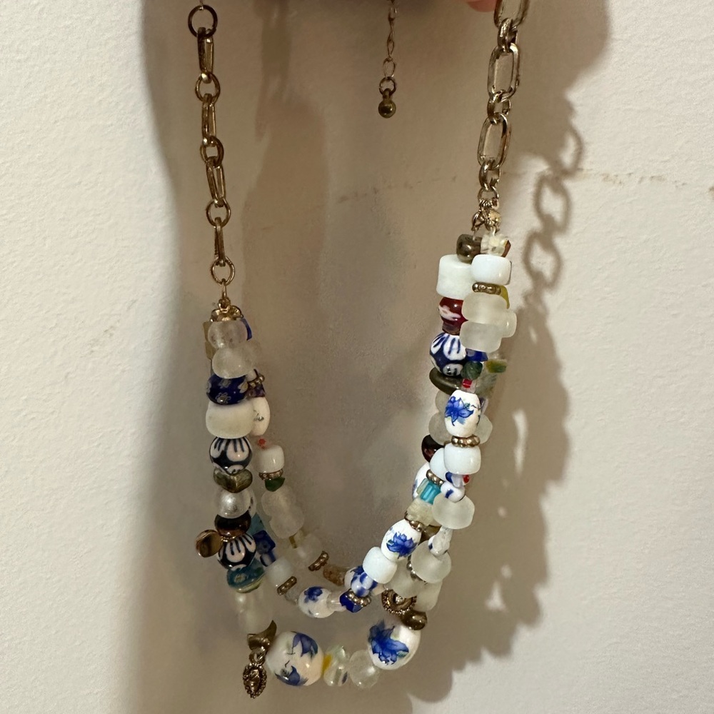 Free People Blue and White Beaded Statement Necklace